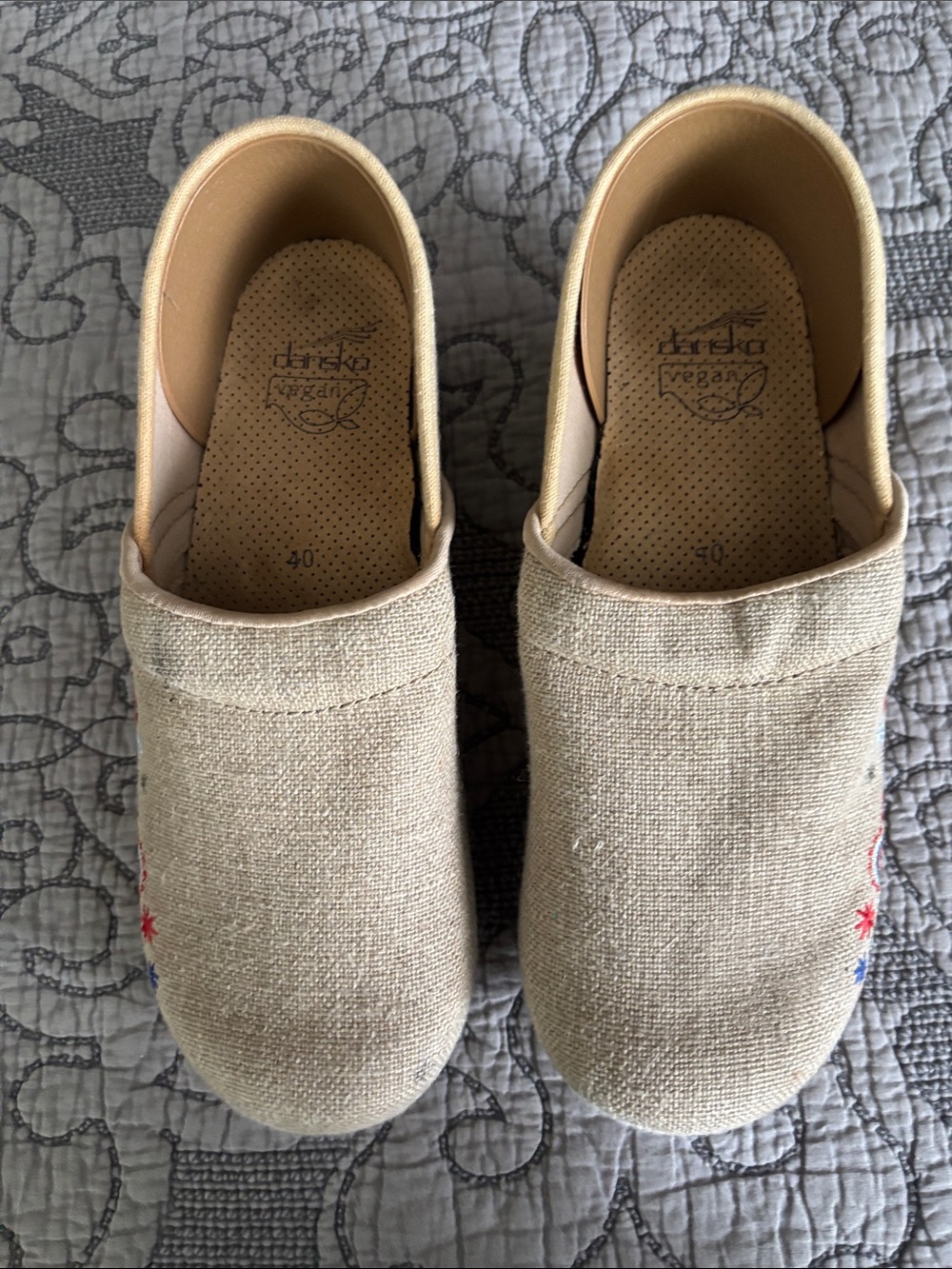 Dansko Beige Canvas Vegan Clogs with Subtle Embroidery